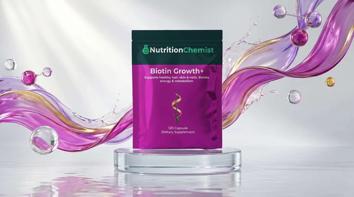Biotin Growth+ pouch on a glass podium amid flowing magenta and gold liquid and glass orbs