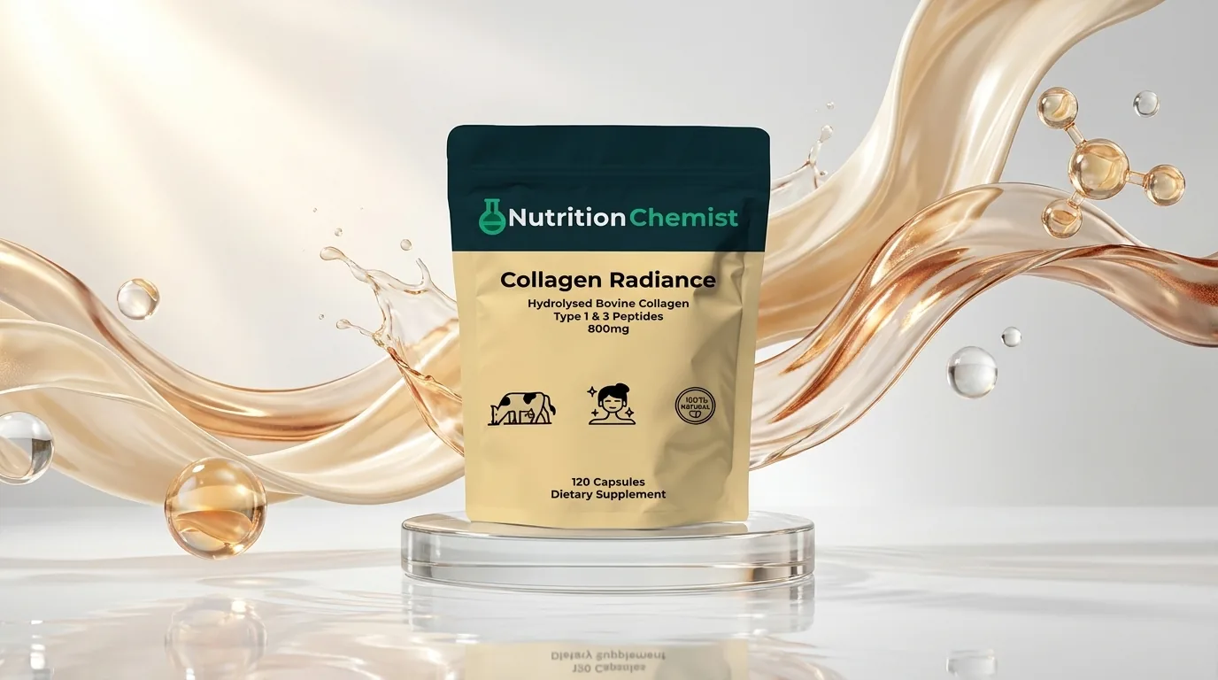 Collagen Radiance pouch on a glass podium amid flowing champagne and gold liquid and glass orbs