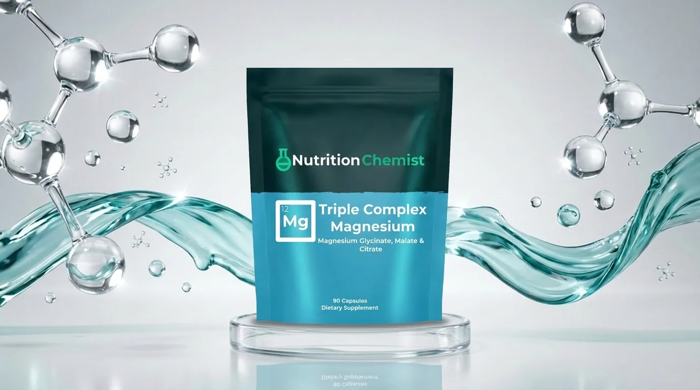 Triple Complex Magnesium pouch on a glass podium amid flowing teal water and glass molecule orbs