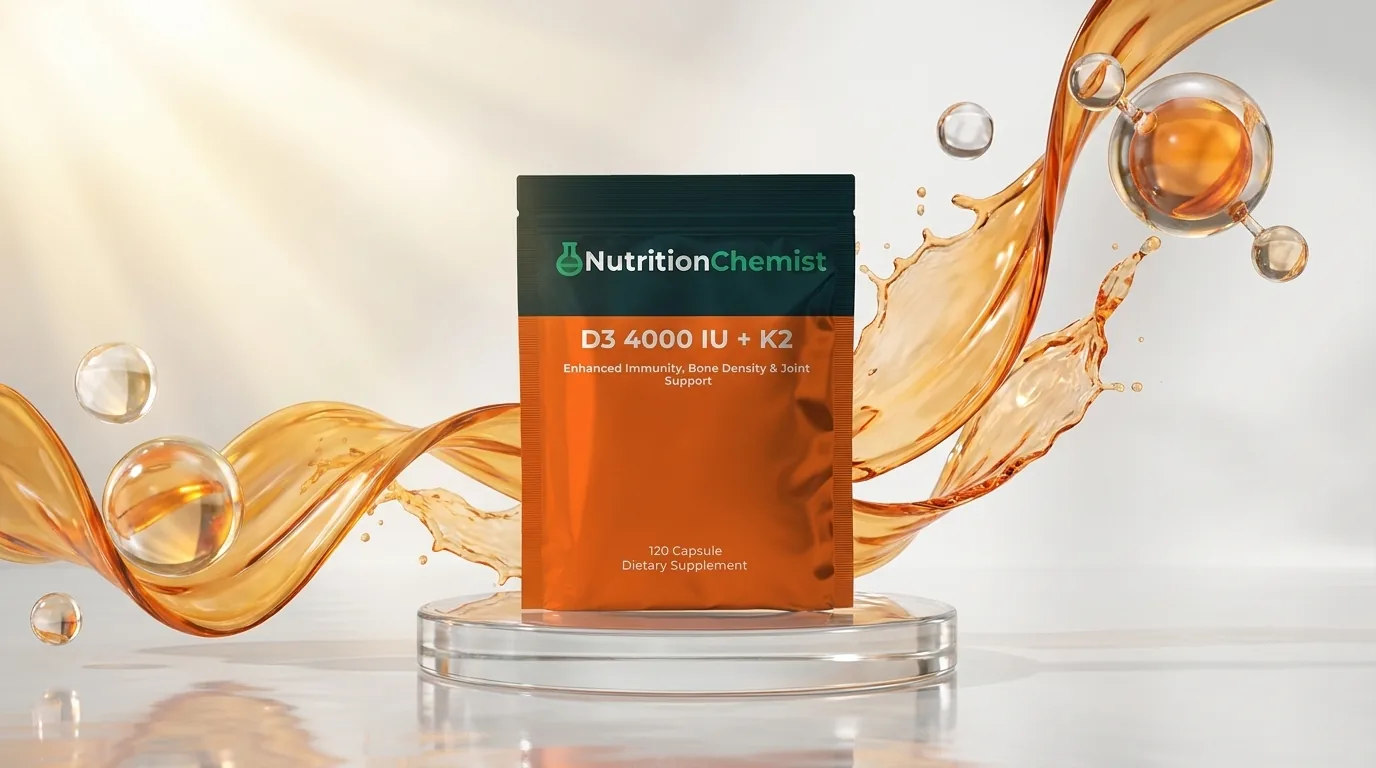 Vitamin D3 4000 IU + K2 pouch on a glass podium amid flowing orange liquid and glass orbs